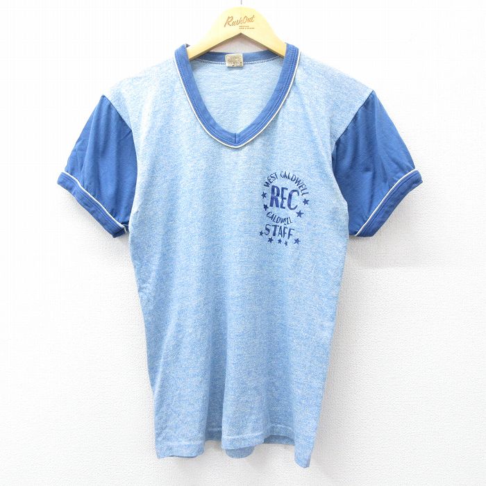 【50%OFF】S★古着 ラッセル 半袖 ビンテージ Tシャツ メンズ 70年代 70s REC スタッフ Vネック 青 ブルー 霜降り 【spe】 25aug27 中古