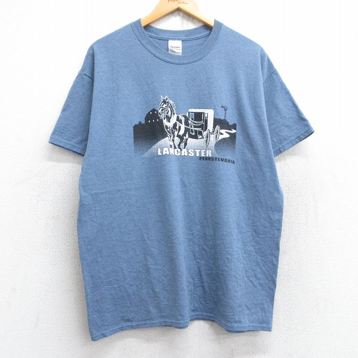 L★古着 半袖 ビンテージ Tシャツ メンズ 00年代 00s 馬車 ランカスター クルーネック 薄紺 ネイビー 霜降り 25aug28 中古
