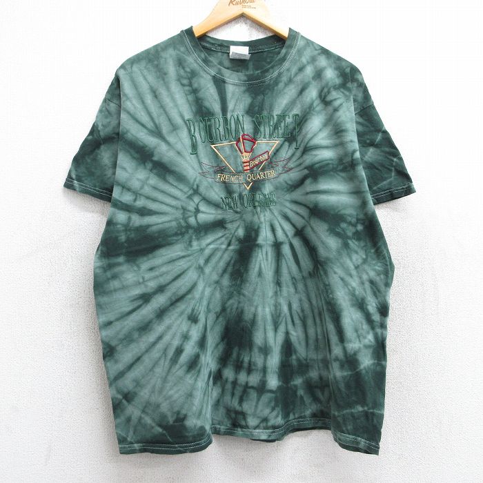XL★古着 半袖 ビンテージ Tシャツ メンズ 00年代 00s バーボンストリート 刺繍 コットン クルーネック 緑他 グリーン タイダイ 25aug28 中古