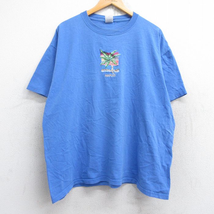 XL★古着 半袖 ビンテージ Tシャツ メンズ 00年代 00s ヤシの木 ナポリ 刺繍 大きいサイズ コットン クルーネック 薄紺 ネイビー 25aug28 中古