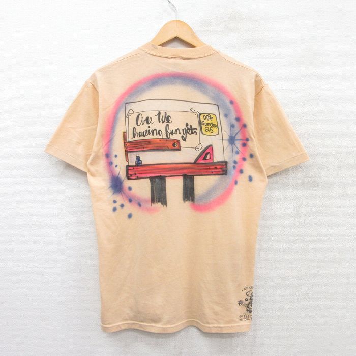 【20%OFF】L★古着 ジャージーズ 半袖 ビンテージ Tシャツ メンズ 80年代 80s ハンドペイント エアブラシ ラットフィンク クルーネック USA製 オレンジ系 【spe】 25aug28 中古