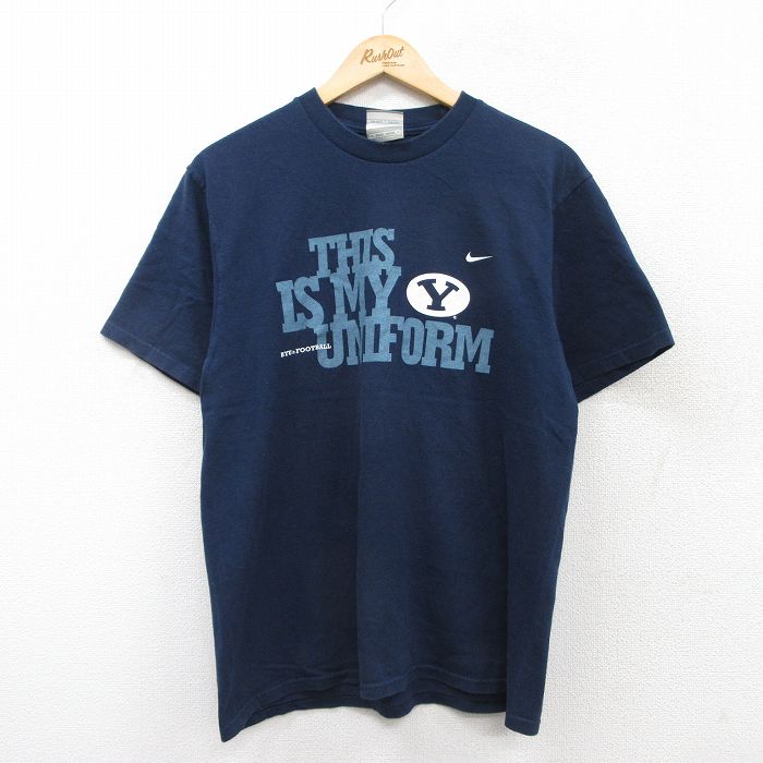 L★古着 ナイキ NIKE 半袖 ビンテージ Tシャツ メンズ 00年代 00s BYUクーガース コットン クルーネック 紺 ネイビー 25aug28 中古