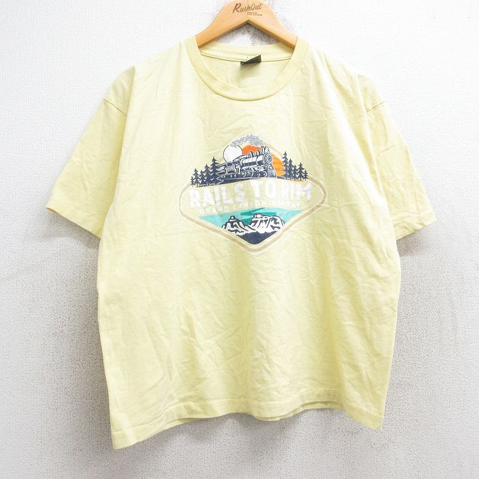 L★古着 半袖 ビンテージ Tシャツ メンズ 90年代 90s 機関車 RAILS TO RIM コットン クルーネック 黄 イエロー 25aug28 中古