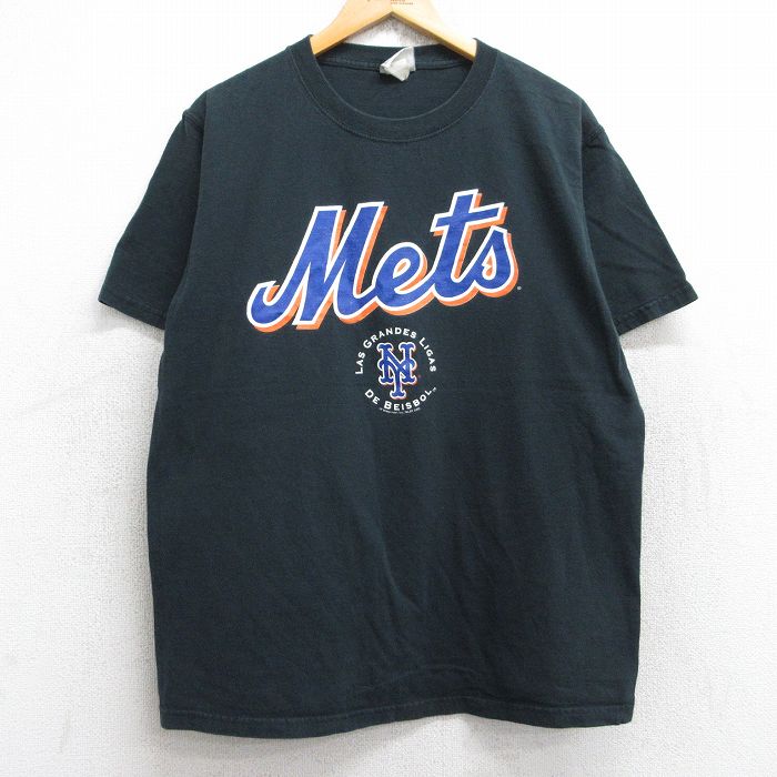 L★古着 半袖 ビンテージ Tシャツ メンズ 00年代 00s MLB ニューヨークメッツ コットン クルーネック 黒 ブラック メジャーリーグ ベースボール 野球 25aug28 中古