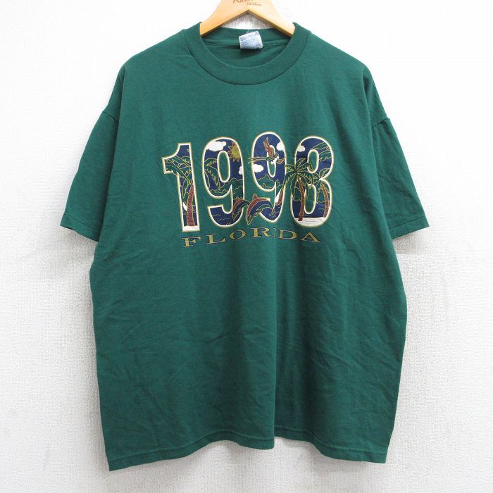 XL★古着 ヘインズ Hanes 半袖 ビンテージ Tシャツ メンズ 90年代 90s 1998 フロリダ 大きいサイズ クルーネック 緑 グリーン 25aug28 中古