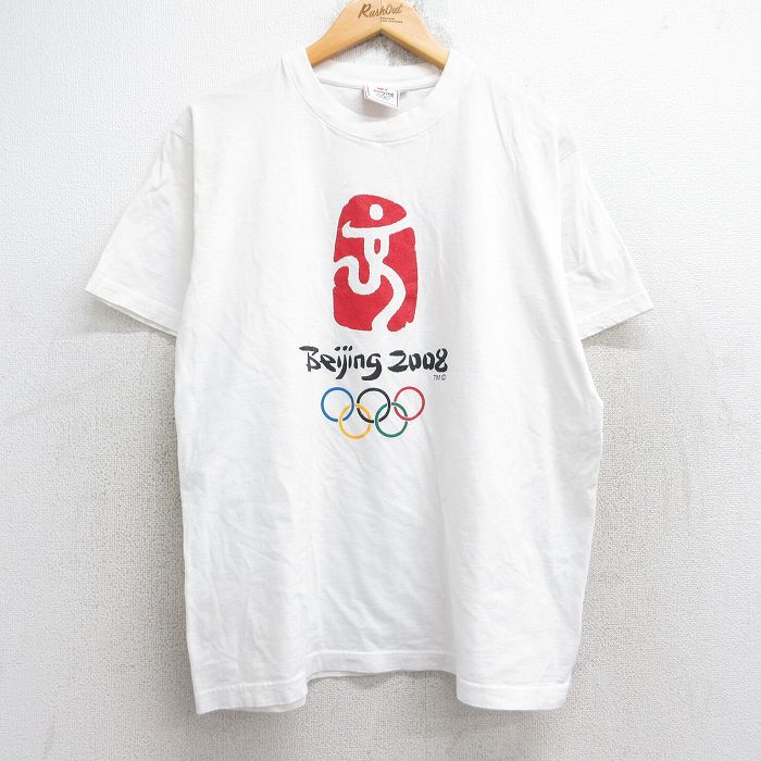 L★古着 半袖 ビンテージ Tシャツ メンズ 00年代 00s 北京オリンピック コットン クルーネック 白 ホワイト 25aug29 中古