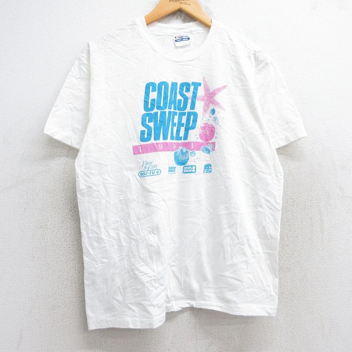 L★古着 ヘインズ Hanes 半袖 ビンテージ Tシャツ メンズ 90年代 90s COASTSWEEP 貝殻 企業広告 コットン クルーネック USA製 白 ホワイト 25aug29 中古