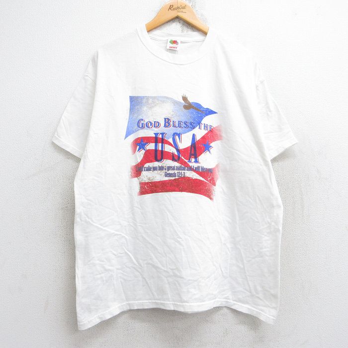 XL★古着 フルーツオブザルーム 半袖 ビンテージ Tシャツ メンズ 00年代 00s 星条旗 USAロゴ コットン クルーネック 白 ホワイト 25aug29 中古