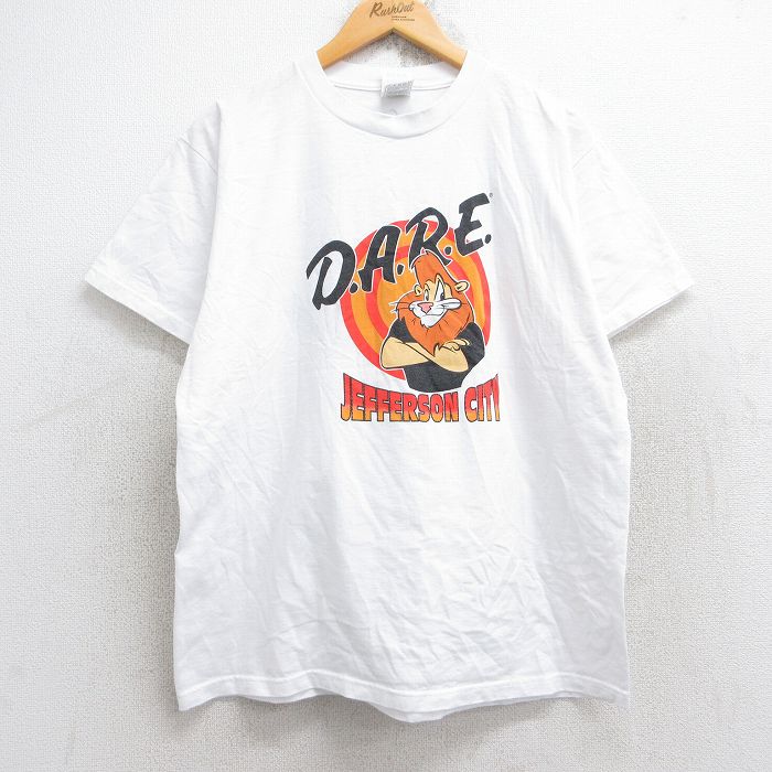 L★古着 フルーツオブザルーム 半袖 ビンテージ Tシャツ メンズ 00年代 00s DARE ライオン ポリス クルーネック 白 ホワイト 25aug29 中古