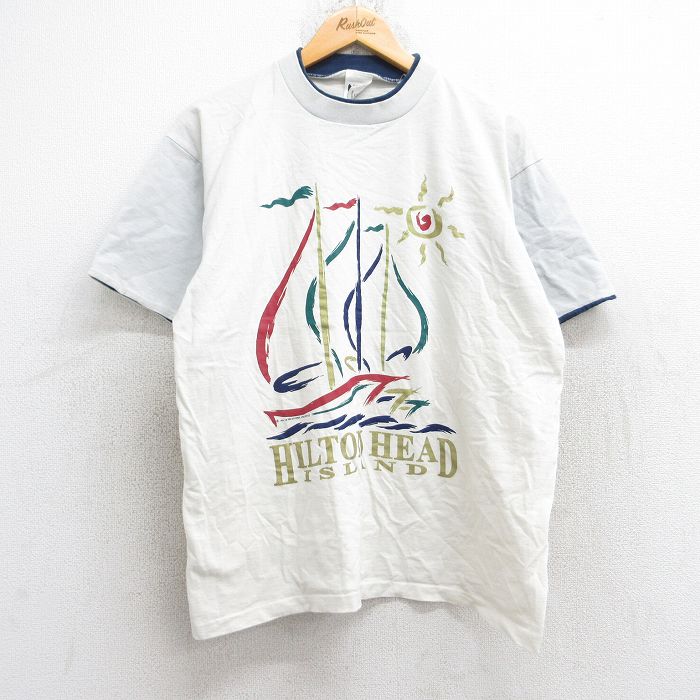 【50%OFF】L★古着 半袖 ビンテージ Tシャツ メンズ 90年代 90s ヨット ヒルトンヘッドアイランド コットン クルーネック USA製 薄ベージュ系 カーキ 25aug29 中古