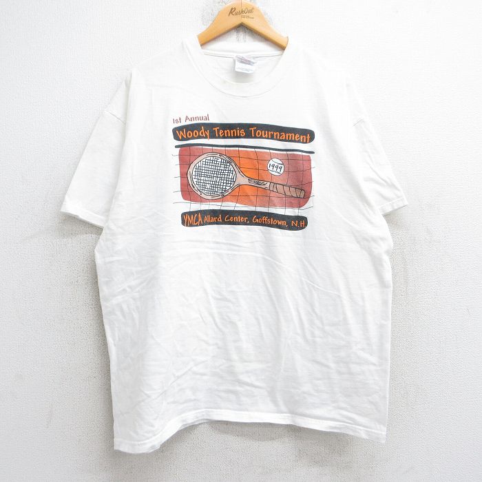 XL★古着 ヘインズ Hanes 半袖 ビンテージ Tシャツ メンズ 90年代 90s テニス 大きいサイズ コットン クルーネック 白 ホワイト 25aug29 中古