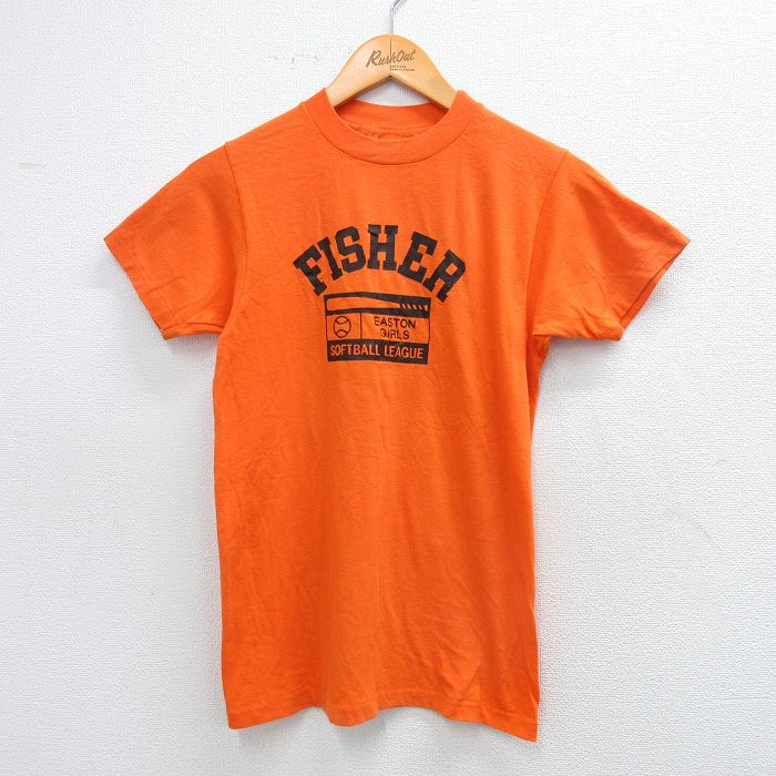 【20%OFF】S★古着 ヘインズ Hanes 半袖 ビンテージ Tシャツ メンズ 80年代 80s ソフトボール FISHER 6 クルーネック USA製 オレンジ 25aug30 中古