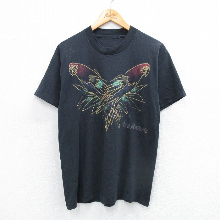 L★古着 半袖 ビンテージ Tシャツ メンズ 90年代 90s 鳥 サンアントニオ クルーネック 黒 ブラック 25aug30 中古