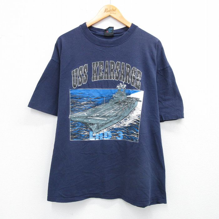 XL★古着 半袖 ビンテージ Tシャツ メンズ 90年代 90s 空母 キアサージ 大きいサイズ コットン クルーネック USA製 紺 ネイビー 25aug30 中古