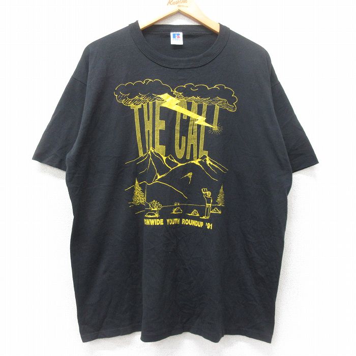 XL★古着 ラッセル 半袖 ビンテージ Tシャツ メンズ 90年代 90s THE CAL 山 大きいサイズ クルーネック USA製 黒 ブラック 25sep01 中古