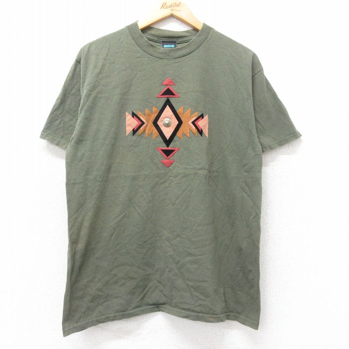 L★古着 半袖 ビンテージ Tシャツ メンズ 00年代 00s ネイティブ柄 ラグ柄 コットン クルーネック 緑 グリーン 25sep01 中古