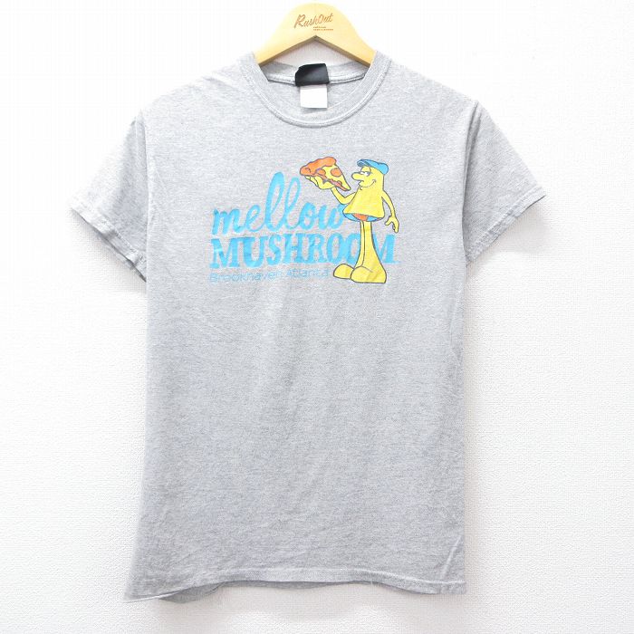 S★古着 半袖 ビンテージ Tシャツ メンズ 00年代 00s mellow マッシュルーム ピザ クルーネック グレー 霜降り 25sep01 中古