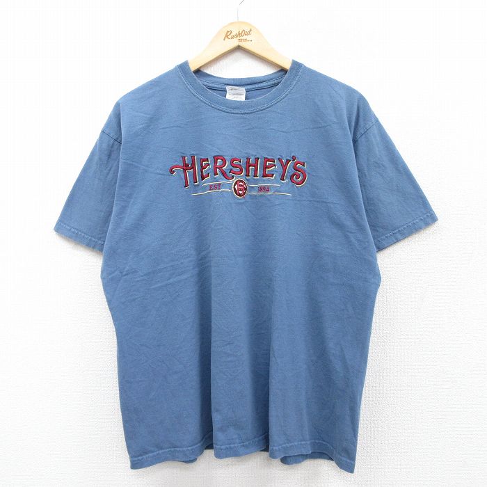 【20%OFF】L★古着 半袖 ビンテージ Tシャツ メンズ 00年代 00s ハーシーズ 刺繍 コットン クルーネック 薄紺 ネイビー 25sep01 中古