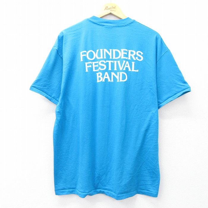 XL★古着 ヘインズ Hanes 半袖 ビンテージ Tシャツ メンズ 90年代 90s FOUNDERS FESTIVAL BAND クルーネック 水色 25sep02 中古