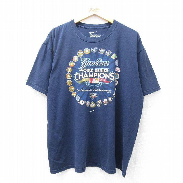 【20%OFF】XL★古着 ナイキ NIKE 半袖 ビンテージ Tシャツ メンズ 00年代 00s MLB ニューヨークヤンキース 大きいサイズ コットン クルーネック 紺 ネイビー メジャーリーグ ベースボール 野球 25sep02 中古