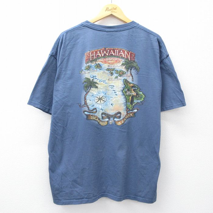 【20%OFF】XL★古着 半袖 ビンテージ Tシャツ メンズ 00年代 00s ハワイ 地図 大きいサイズ コットン クルーネック 紺系 ネイビー 25sep02 中古