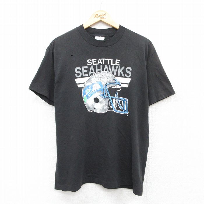 L★古着 半袖 ビンテージ Tシャツ メンズ 80年代 80s NFL シアトルシーホークス クルーネック USA製 黒 ブラック アメフト スーパーボウル 25sep03 中古