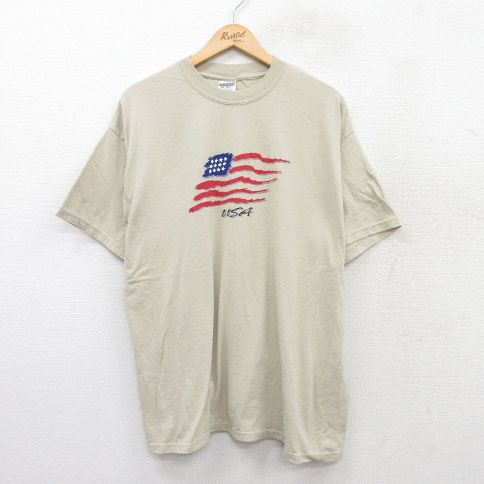 XL★古着 半袖 ビンテージ Tシャツ メンズ 00年代 00s 星条旗 クルーネック ベージュ カーキ 25sep03 中古
