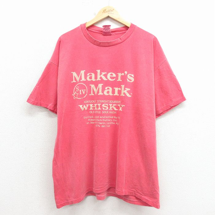 XL★古着 半袖 ビンテージ Tシャツ メンズ 90年代 90s ウイスキー 大きいサイズ コットン クルーネック USA製 薄赤 26apr04