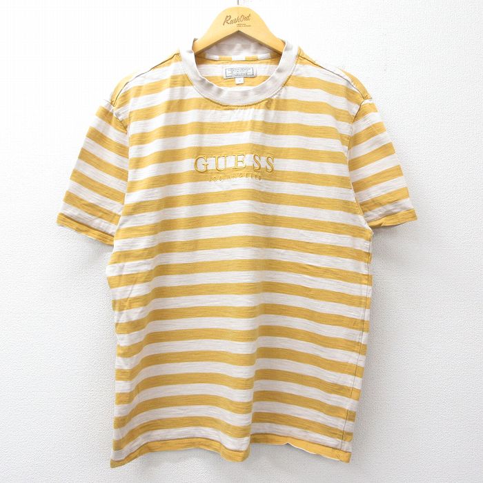ゲス 半袖Tシャツ ビッグロゴ刺繍 ボーダー イエロー メンズXL相当 | 古着