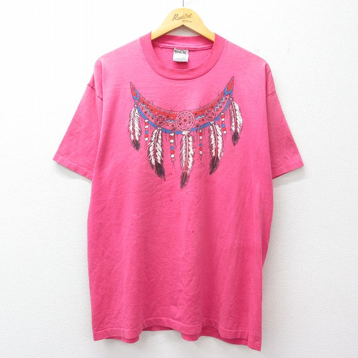 オニータ 90s 半袖Tシャツ フェザーネックレス ピンク メンズXL相当 | 古着