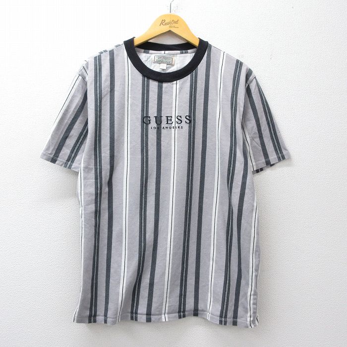 ゲス GUESS XL 半袖Tシャツ ビッグロゴ刺繍 グレーストライプ XL | 古着