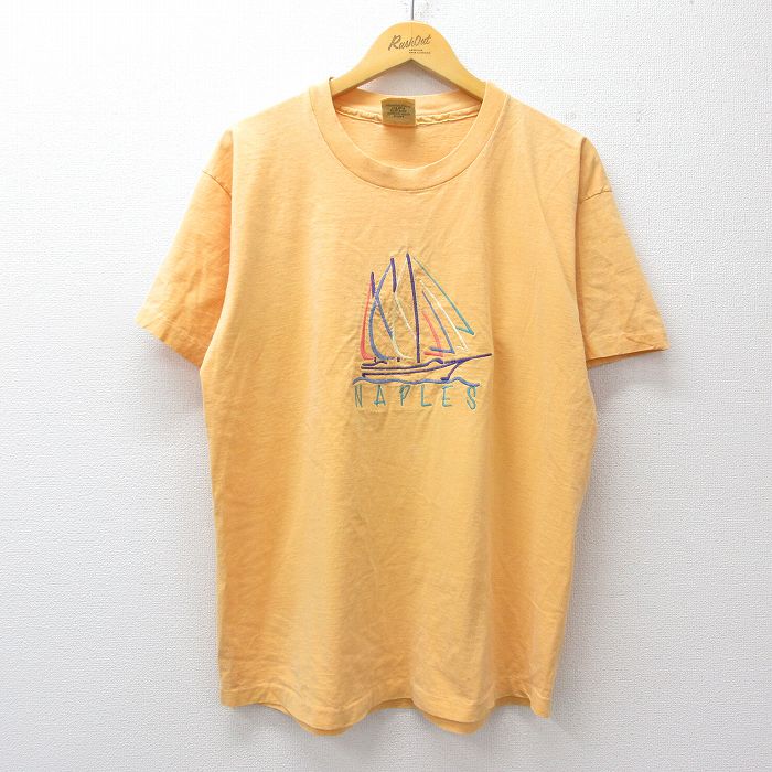 XL★古着 半袖 ビンテージ Tシャツ メンズ 90年代 90s NAPLES ヨット 刺繍 コットン クルーネック USA製 オレンジ 26apr06