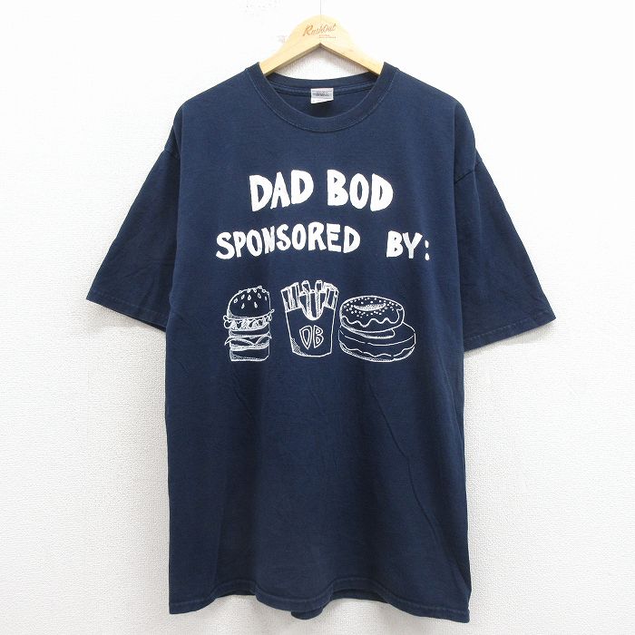 XL★古着 半袖 ビンテージ Tシャツ メンズ 00年代 00s ハンバーガー 大きいサイズ コットン クルーネック 紺 26apr07