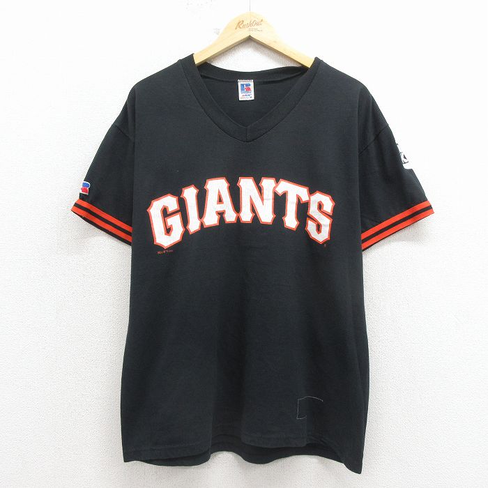 L★古着 ラッセル 半袖 ビンテージ Tシャツ メンズ 90年代 90s MLB ニューヨークジャイアンツ Vネック USA製 黒 メジャーリーグ ベースボール 野球【spe】 26apr07