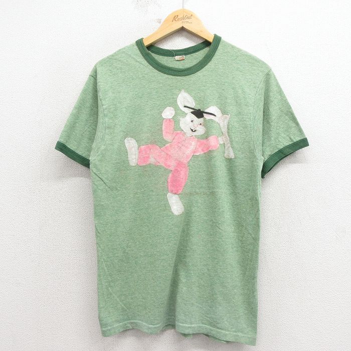M★古着 ヘインズ 半袖 ビンテージ Tシャツ メンズ 70年代 70s ウサギ ハンドペイント クルーネック 緑 霜降り リンガー【spe】 26apr07