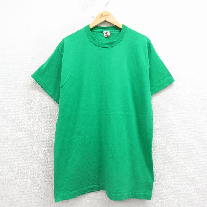 XL★古着 フルーツオブザルーム 半袖 ビンテージ Tシャツ メンズ 90年代 90s 無地 ロング丈 コットン クルーネック USA製 緑【spe】 26apr07