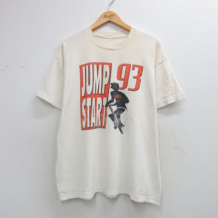 XL★古着 半袖 ビンテージ Tシャツ メンズ 90年代 90s JUMP START 大きいサイズ クルーネック ベージュ 26apr07