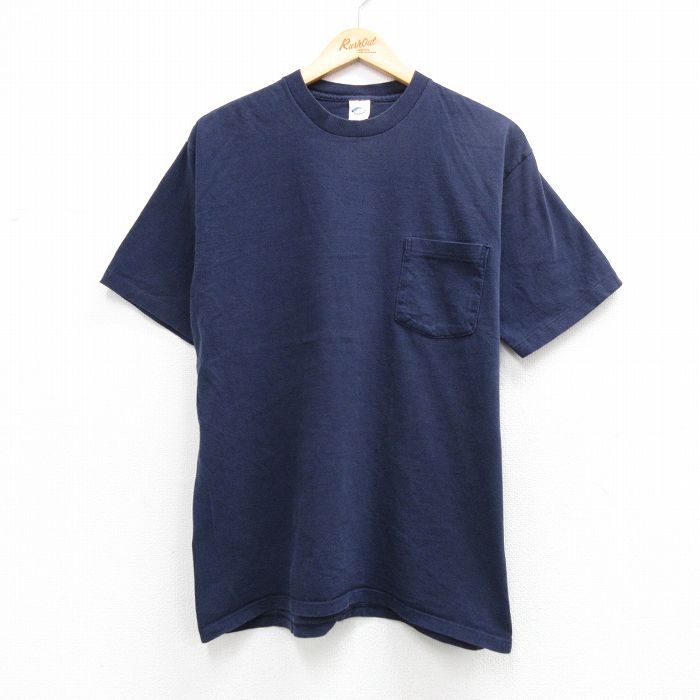XL★古着 タウンクラフト 半袖 ビンテージ Tシャツ メンズ 90年代 90s 無地 胸ポケット付き コットン クルーネック USA製 紺 26apr08