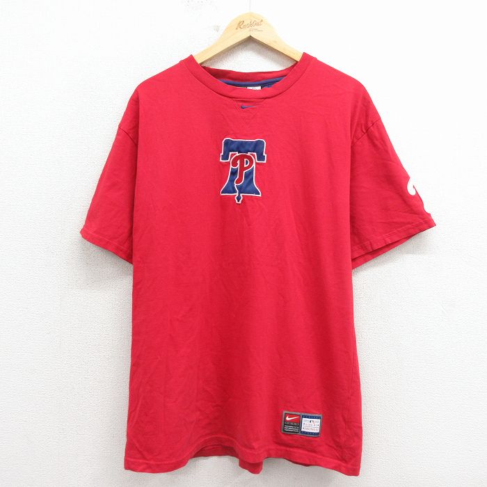 XL★古着 ナイキ NIKE 半袖 ビンテージ Tシャツ メンズ 00年代 00s MLB フィラデルフィアフィリーズ 刺繍 コットン クルーネック 赤 メジャーリーグ ベースボール 野球 26apr11