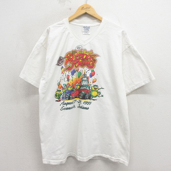 90s 半袖Tシャツ カエルホットロッド ホワイト XL | 古着