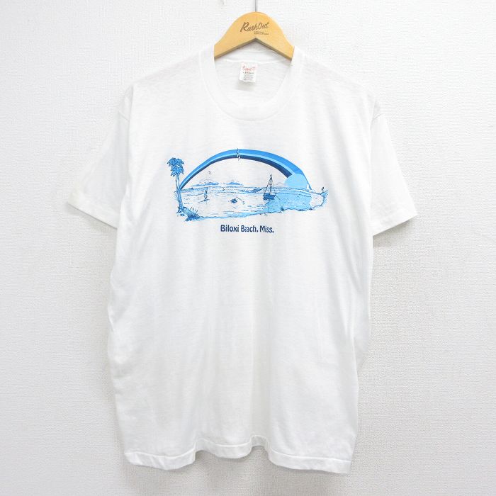 80s 半袖Tシャツ Biloxi BeachMARKフロッキープリント ホワイト XL | 古着