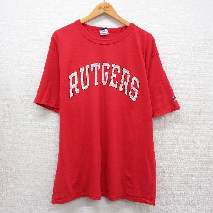 XL★古着 チャンピオン champion 半袖 ビンテージ Tシャツ メンズ 90年代 90s RUTGERS 大きいサイズ コットン クルーネック レッド【spe】 26may25