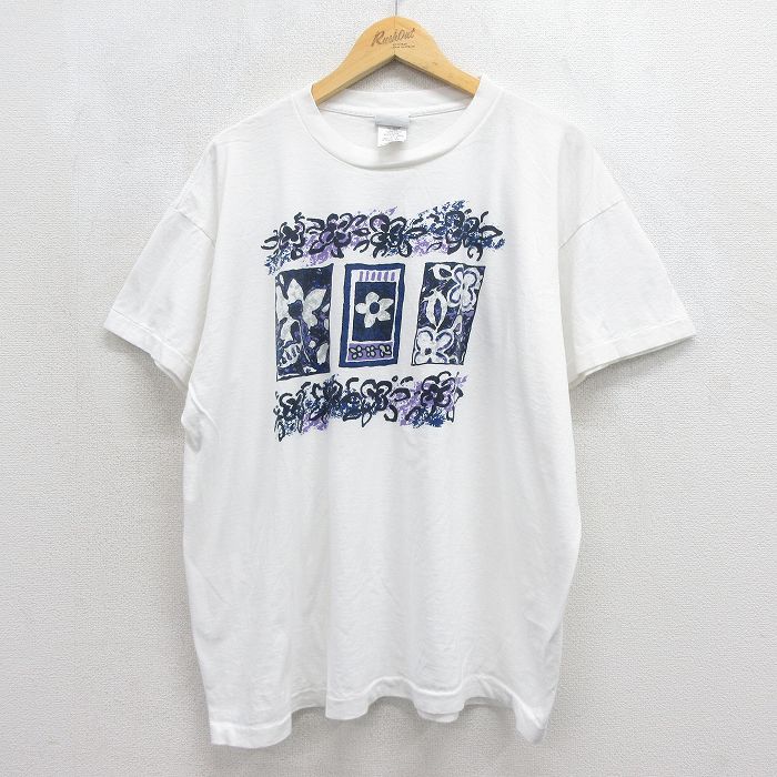 90s 半袖Tシャツ 花 ホワイト メンズXL相当 | 古着