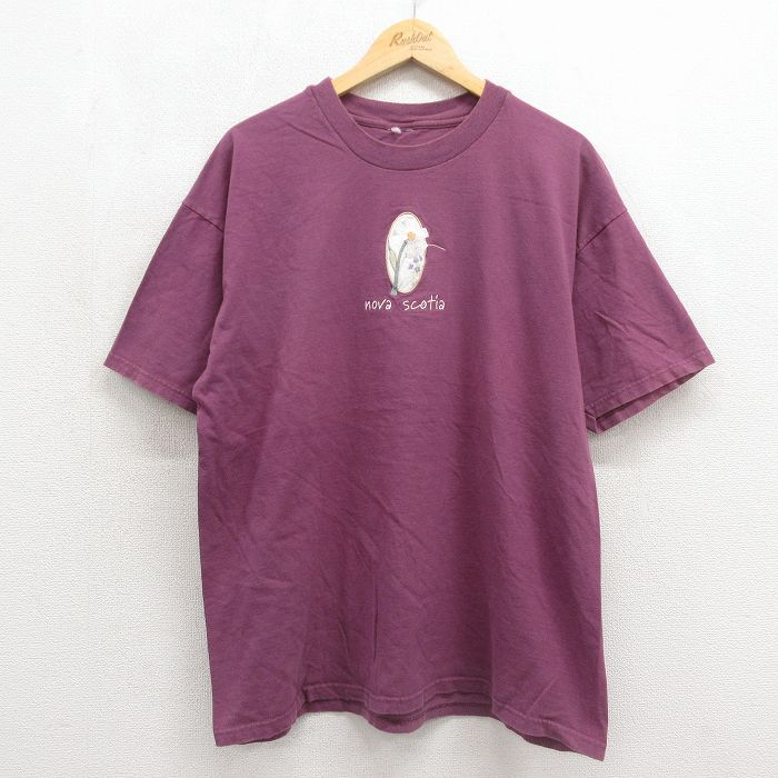 00s 半袖Tシャツ 花刺繍 バーガンディ メンズXL相当 | 古着