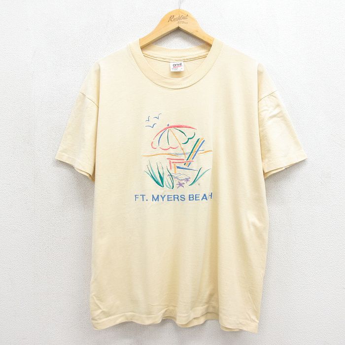 90s 半袖Tシャツ ビーチ刺繍 イエロー メンズXL相当 | 古着