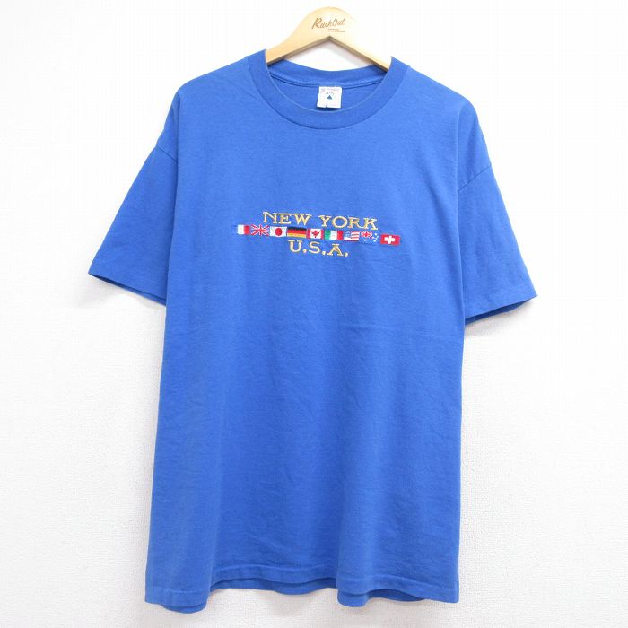 ニューヨーク 90s 半袖Tシャツ 刺繍 ブルー メンズXL相当 | 古着