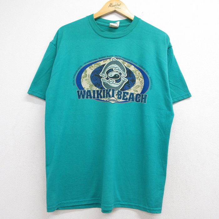 ジャージーズ 00s 半袖Tシャツ ワイキキビーチイルカ グリーン メンズXL相当 | 古着
