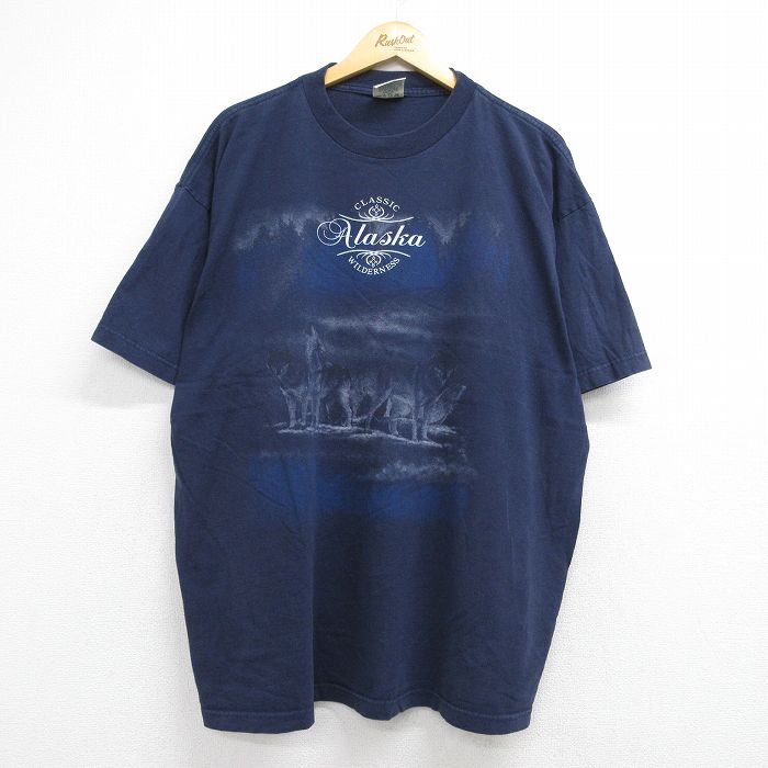 00s 半袖Tシャツ オオカミ ネイビー メンズXL相当 | 古着