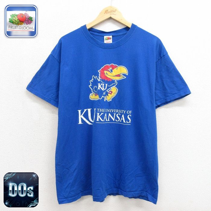 フルーツオブザルーム 00s 半袖Tシャツ カンザスシティジェイホークスカレッジ ブルー メンズXL相当 | 古着