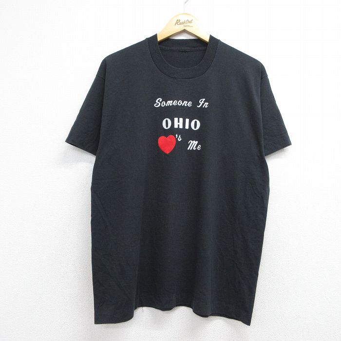 90s 半袖Tシャツ オハイオフロッキープリント ブラック メンズL相当 | 古着